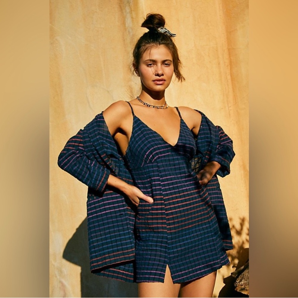 Free People Better Together Blue and Purple matching Plaid Dress and Jacket Set